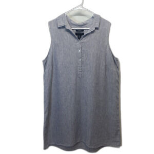 Tahari Linen Dress Women Size 1X Blue White Stripe Sleeveless Casual Minimalist